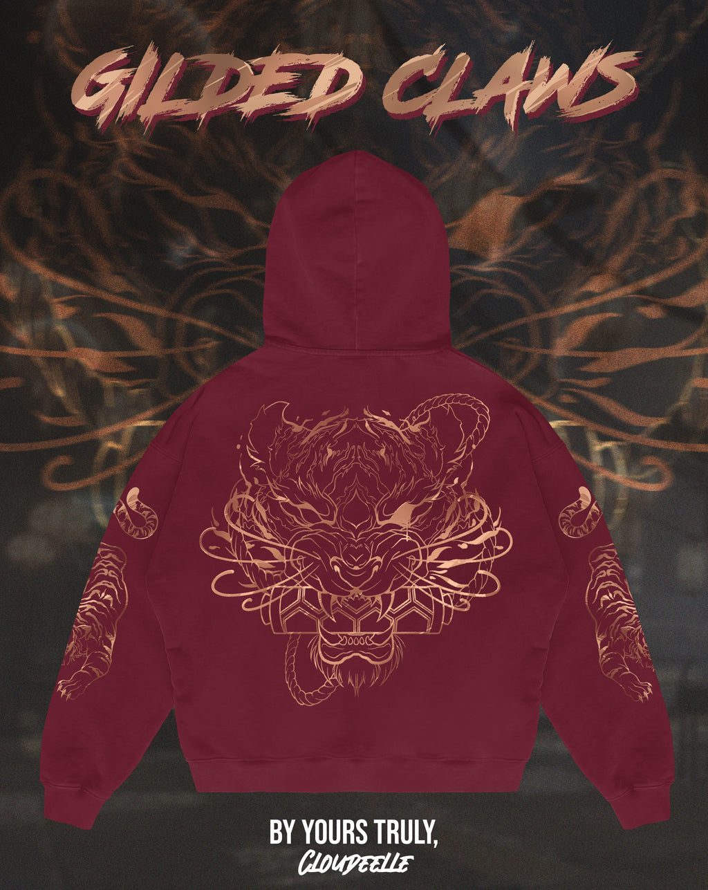 "Gilded Claws" - Oversized Hoodie (Burgundy Red Version)