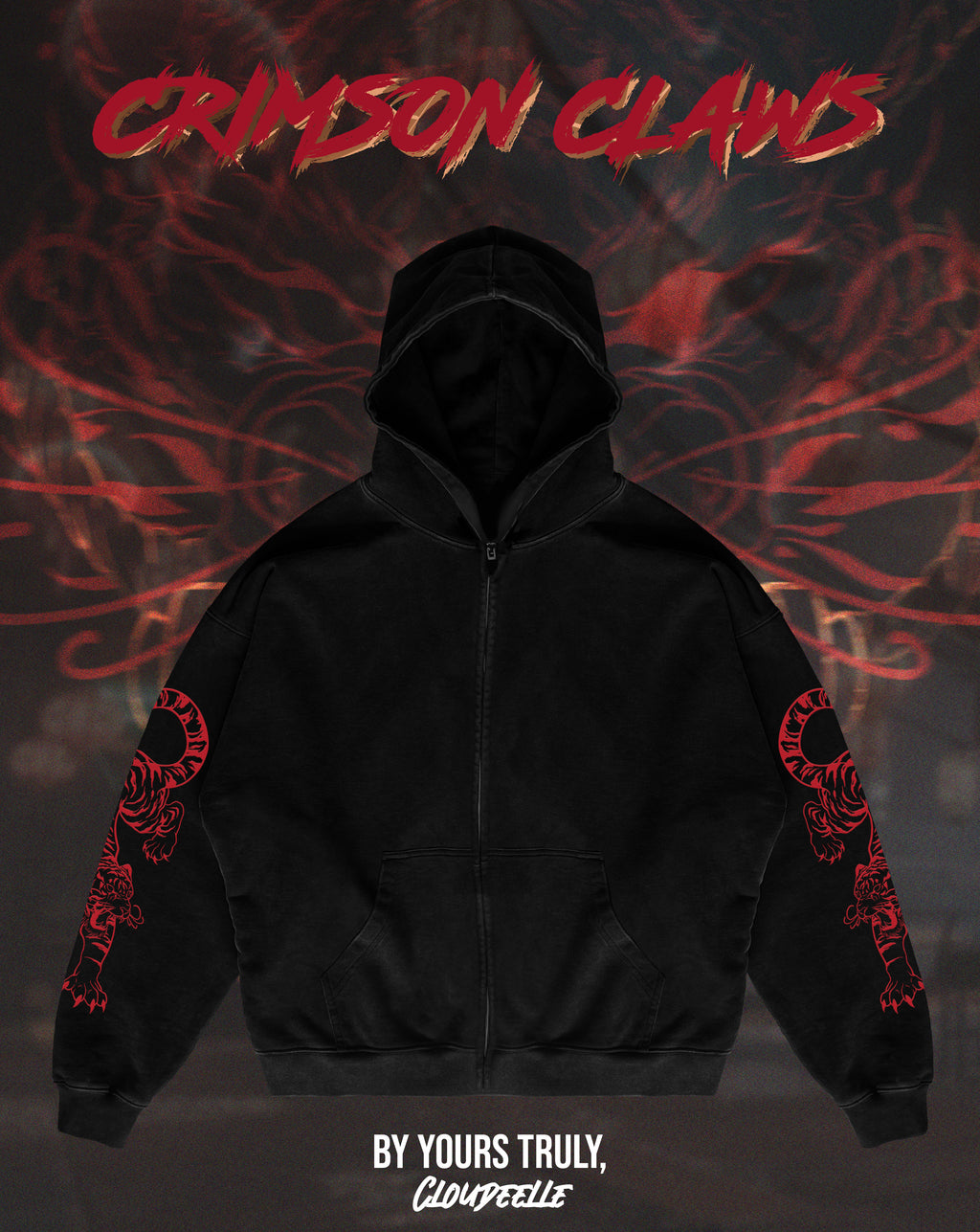 "Crimson Claws" - Oversized ZIP-UP Hoodie