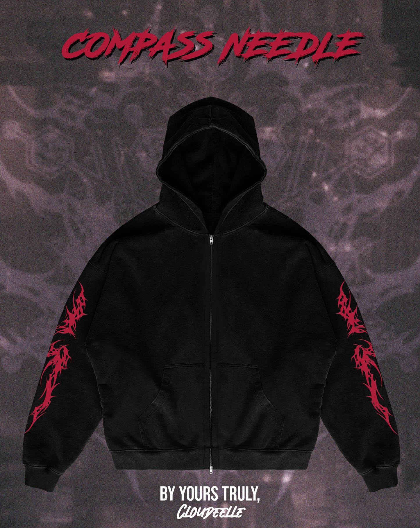 "Compass Needle" - Oversized ZIP-UP Hoodie (Red Version)