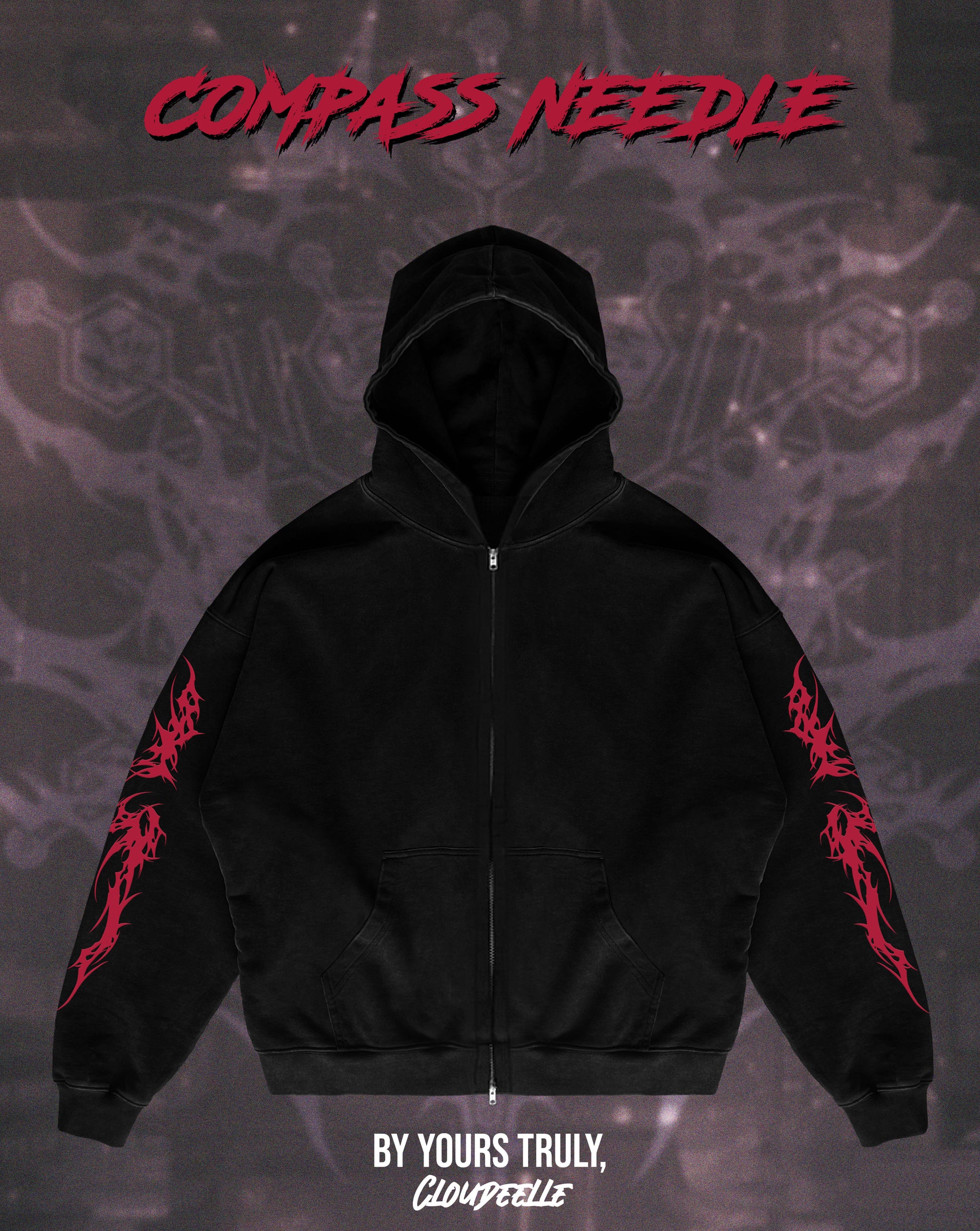 "Compass Needle" - Oversized ZIP-UP Hoodie (Red Version)