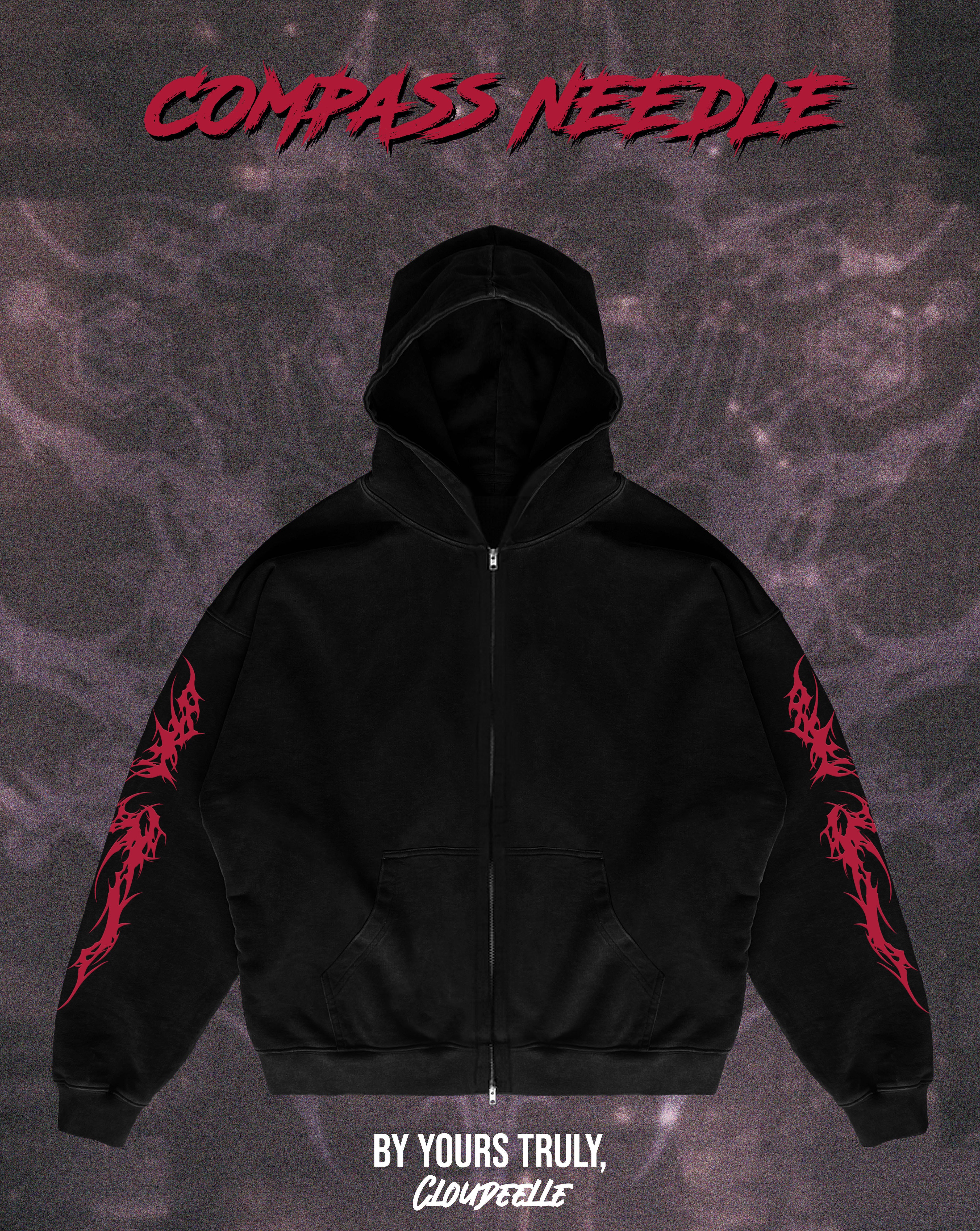 "Compass Needle" - Oversized ZIP-UP Hoodie (Red Version)