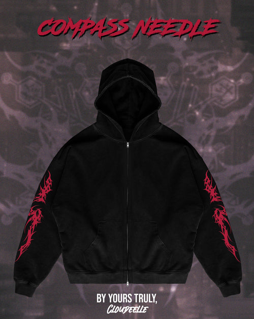 "Compass Needle" - Oversized ZIP-UP Hoodie (Red Version)