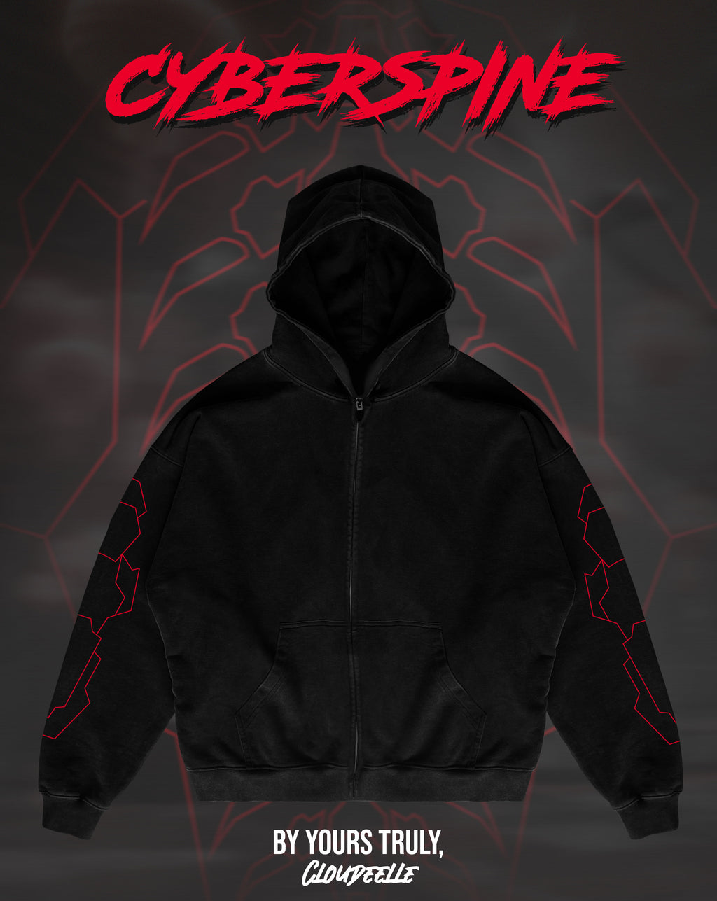 "Cyberspine" - Oversized ZIP-UP Hoodie (Red Version)