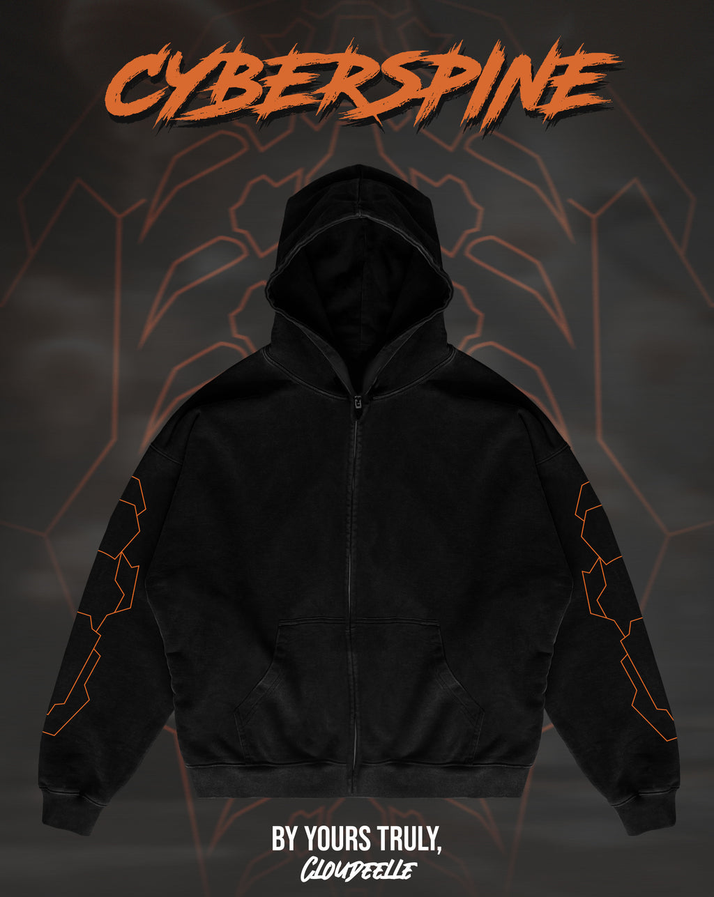 "Cyberspine" - Oversized ZIP-UP Hoodie (Orange Version)